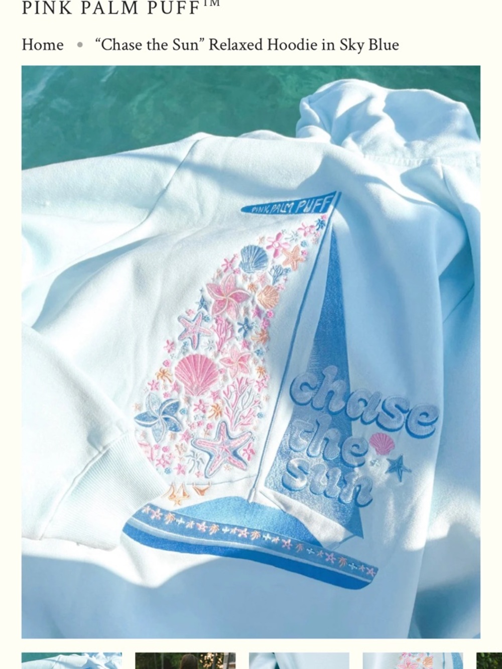 Pink Palm Puff "Chase the Sun" Relaxed Hoodie in Sky Blue.